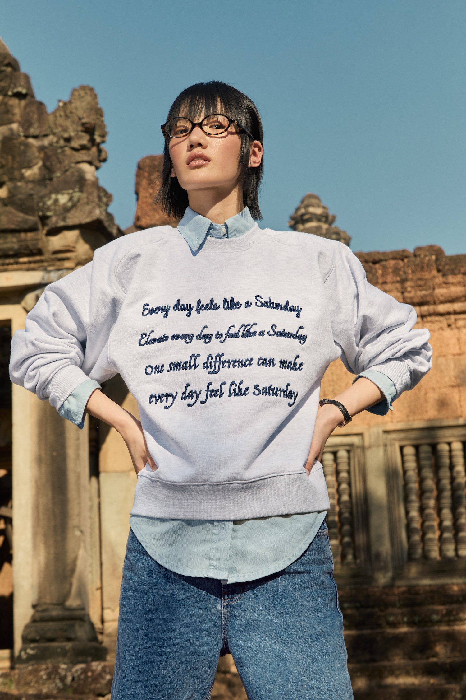 Women’s Slogan Embroidered Sweatshirt Melange Grey